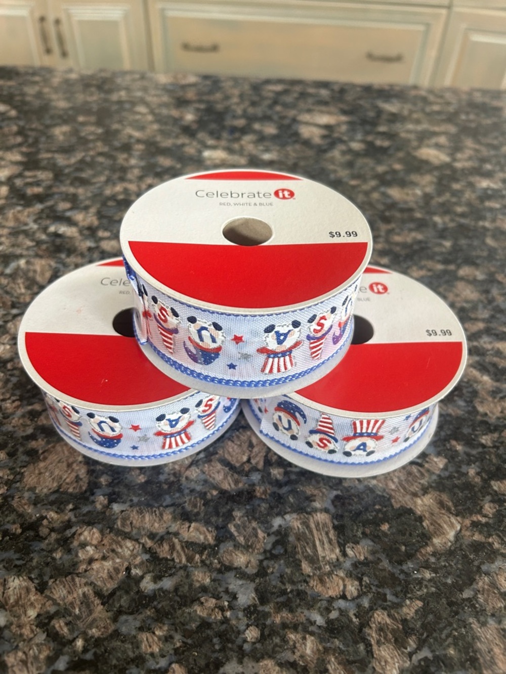 CELEBRATE IT WIRED RIBBON USA GNOMES  1.5" x 10 YD LOT IF 3 NWT